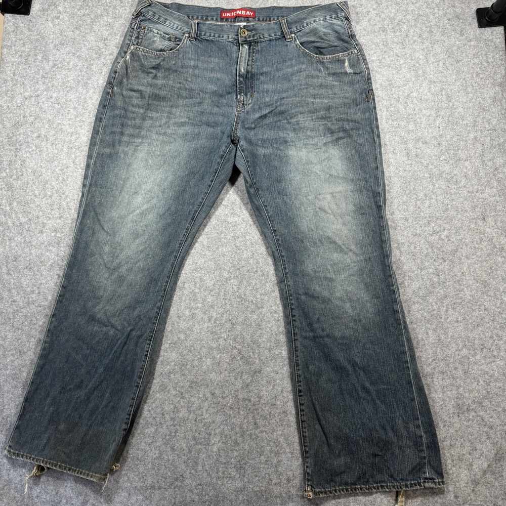 Unionbay Relaxed Bootcut Jeans 40x32 Blue Distressed Cotton Denim